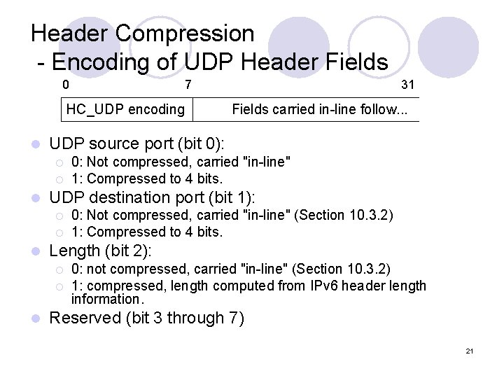 Header Compression - Encoding of UDP Header Fields 0 7 HC_UDP encoding l ¡ Header Compression - Encoding of UDP Header Fields 0 7 HC_UDP encoding l ¡