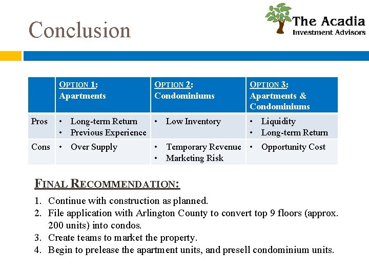 Conclusion OPTION 1: Apartments Pros OPTION 2: Condominiums • Long-term Return • Low Inventory