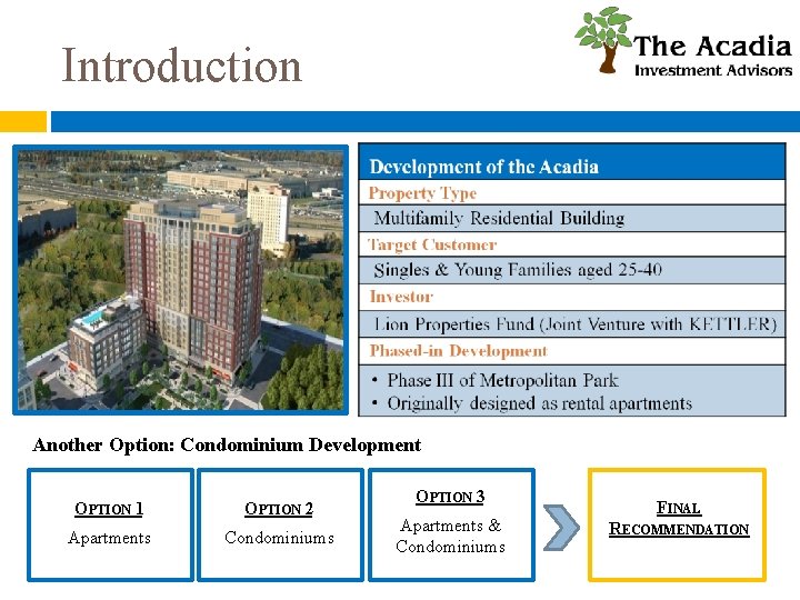 Introduction Another Option: Condominium Development OPTION 1 OPTION 2 Apartments Condominiums OPTION 3 Apartments