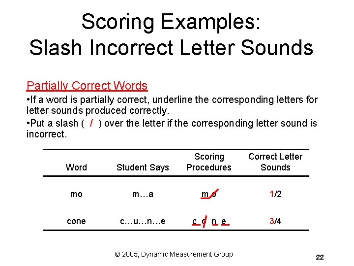 Scoring Examples: Slash Incorrect Letter Sounds Partially Correct Words • If a word is Scoring Examples: Slash Incorrect Letter Sounds Partially Correct Words • If a word is