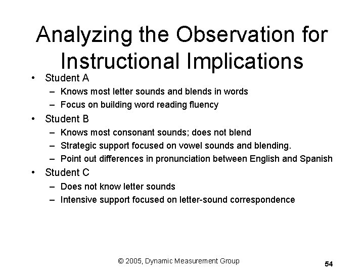 Analyzing the Observation for Instructional Implications • Student A – Knows most letter sounds Analyzing the Observation for Instructional Implications • Student A – Knows most letter sounds