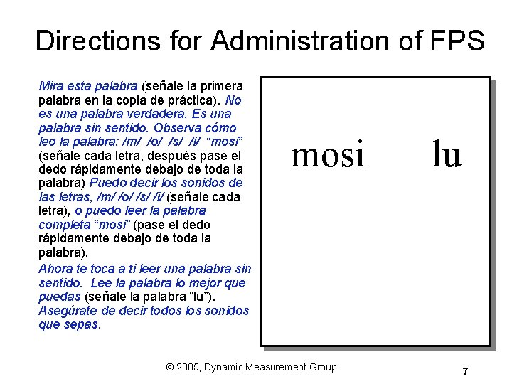 Directions for Administration of FPS Mira esta palabra (señale la primera palabra en la Directions for Administration of FPS Mira esta palabra (señale la primera palabra en la