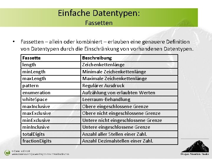 Einfache Datentypen: Fassetten • Fassetten – allein oder kombiniert – erlauben eine genauere Definition