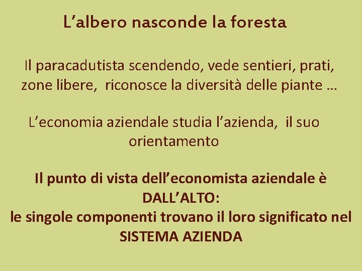 L’albero nasconde la foresta Il paracadutista scendendo, vede sentieri, prati, zone libere, riconosce la