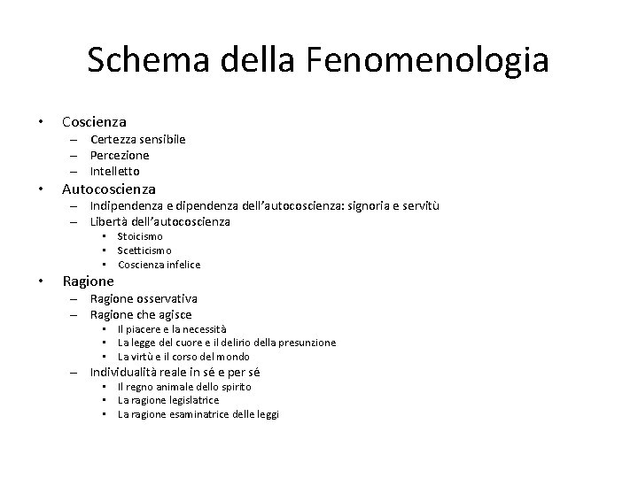 Schema della Fenomenologia • Coscienza – Certezza sensibile – Percezione – Intelletto • Autocoscienza