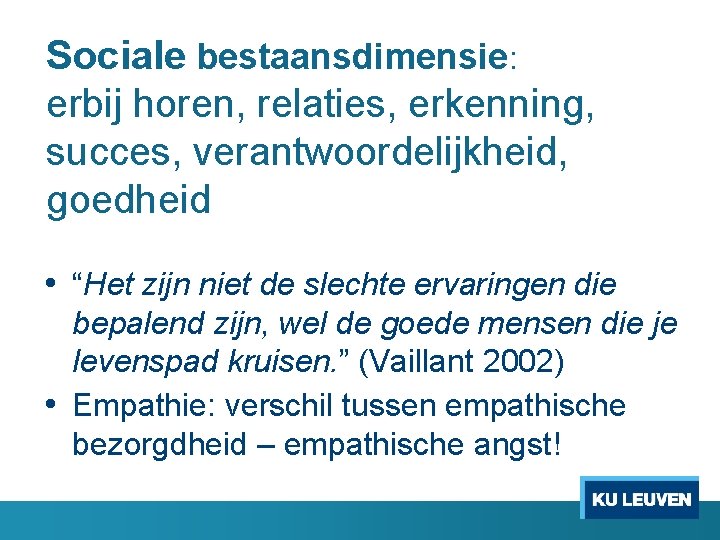 Sociale bestaansdimensie: erbij horen, relaties, erkenning, succes, verantwoordelijkheid, goedheid • “Het zijn niet de
