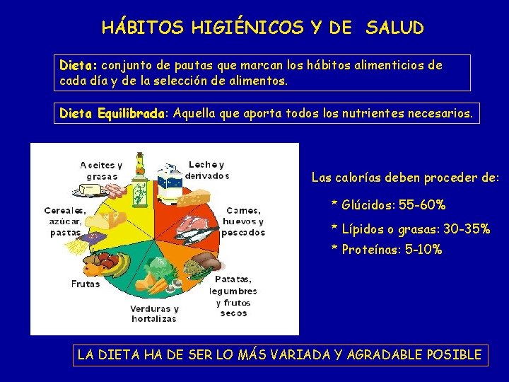 HÁBITOS HIGIÉNICOS Y DE SALUD Dieta: Dieta conjunto de pautas que marcan los hábitos HÁBITOS HIGIÉNICOS Y DE SALUD Dieta: Dieta conjunto de pautas que marcan los hábitos
