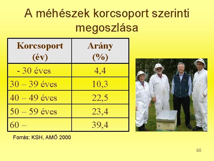 A méhészek korcsoport szerinti megoszlása Korcsoport (év) - 30 éves 30 – 39 éves