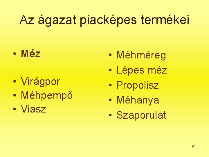 Az ágazat piacképes termékei • Méz • Virágpor • Méhpempő • Viasz • •