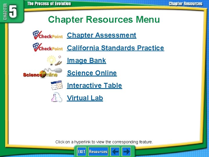 Chapter Resources Menu Chapter Assessment California Standards Practice Image Bank Science Online Interactive Table