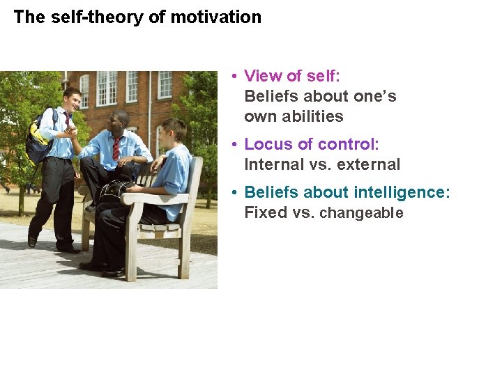 The self-theory of motivation • View of self: Beliefs about one’s own abilities •