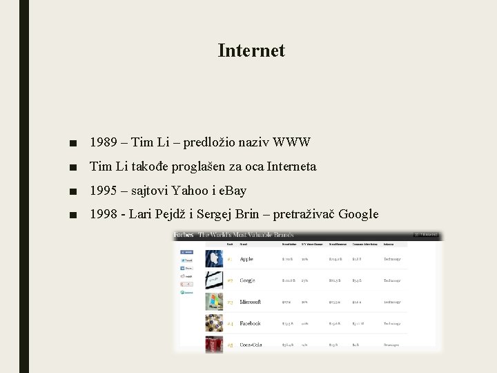 Internet ■ 1989 – Tim Li – predložio naziv WWW ■ Tim Li takođe