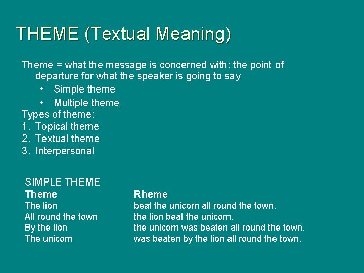 THEME (Textual Meaning) Theme = what the message is concerned with: the point of