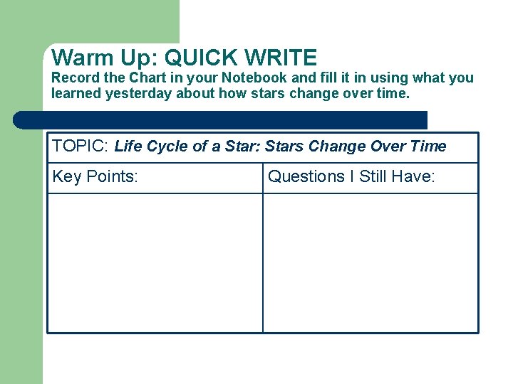 Warm Up: QUICK WRITE Record the Chart in your Notebook and fill it in