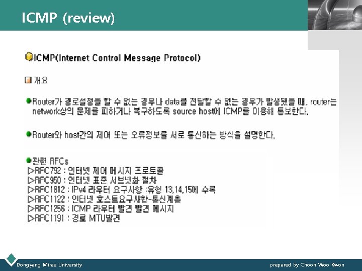 ICMP (review) Dongyang Mirae University LOGO prepared by Choon Woo Kwon 