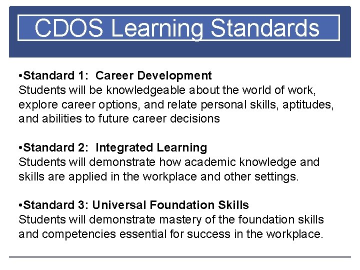 CDOS Learning Standards • Standard 1: Career Development Students will be knowledgeable about the