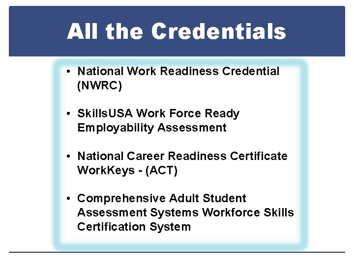 All the Credentials • National Work Readiness Credential (NWRC) • Skills. USA Work Force