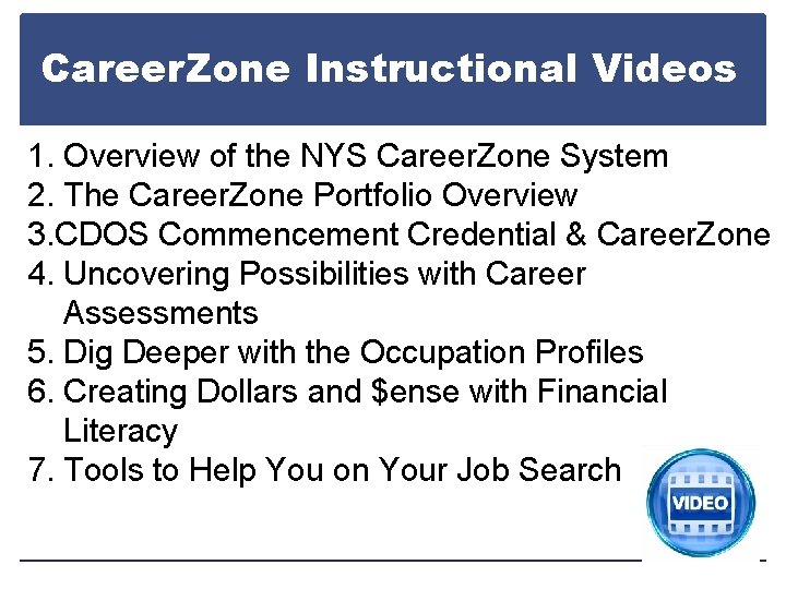 Career. Zone Instructional Videos 1. Overview of the NYS Career. Zone System 2. The