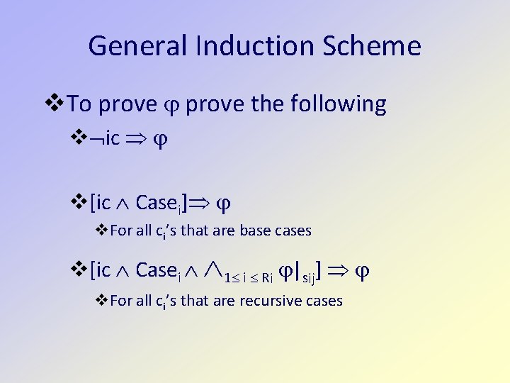 General Induction Scheme To prove the following ic [ic Casei] For all ci’s that