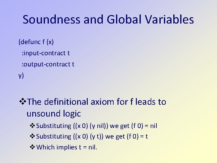 Soundness and Global Variables (defunc f (x) : input-contract t : output-contract t y)