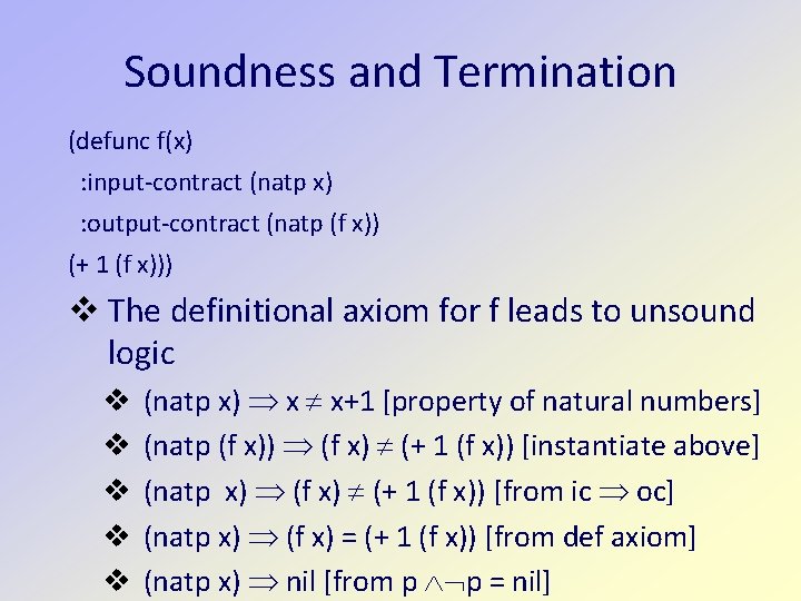 Soundness and Termination (defunc f(x) : input-contract (natp x) : output-contract (natp (f x))