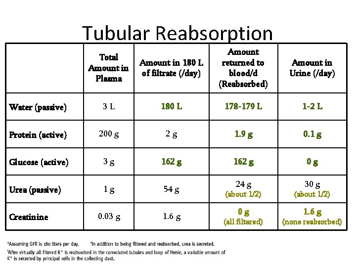 Tubular Reabsorption Amount in 180 L of filtrate (/day) Amount returned to blood/d (Reabsorbed)