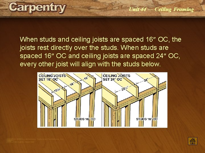 Unit 44 — Ceiling Framing When studs and ceiling joists are spaced 16² OC,