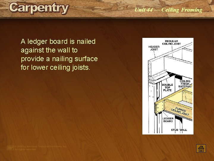 Unit 44 — Ceiling Framing A ledger board is nailed against the wall to