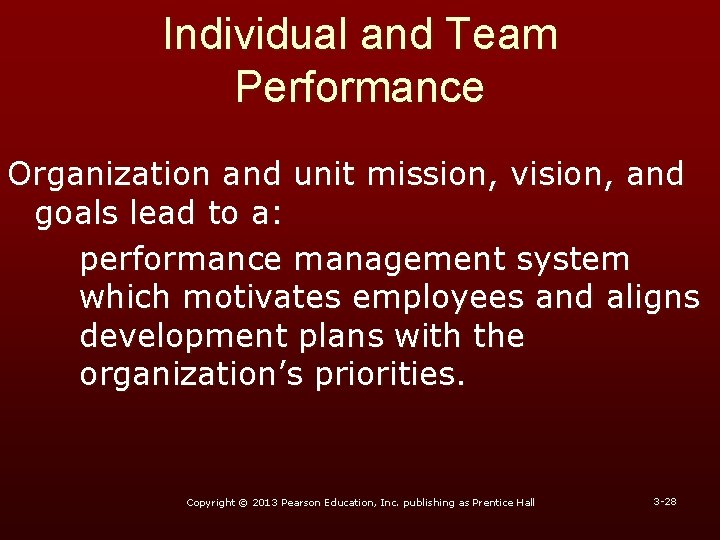 Individual and Team Performance Organization and unit mission, vision, and goals lead to a: