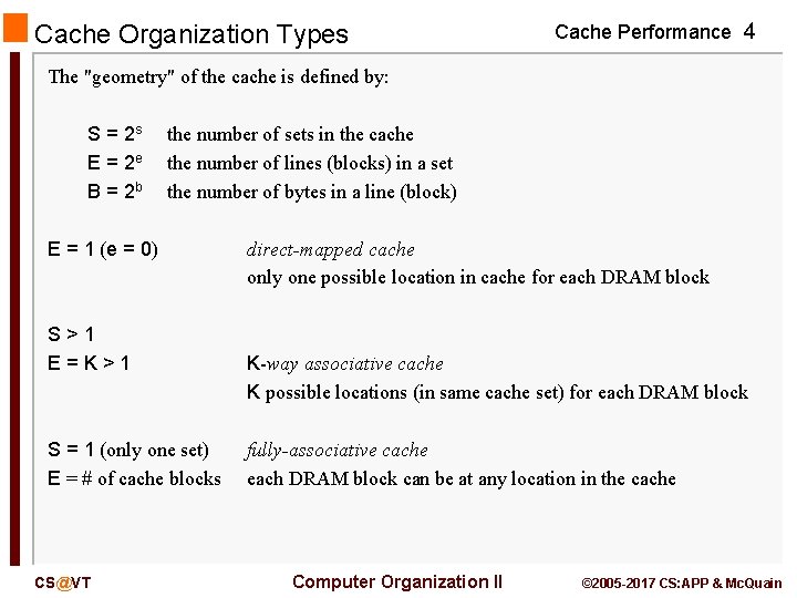 Cache Organization Types Cache Performance 4 The "geometry" of the cache is defined by: