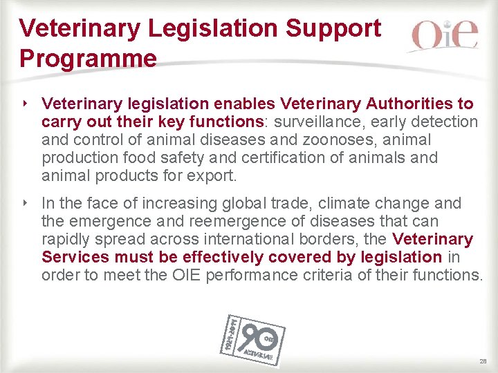 Veterinary Legislation Support Programme ‣ Veterinary legislation enables Veterinary Authorities to carry out their Veterinary Legislation Support Programme ‣ Veterinary legislation enables Veterinary Authorities to carry out their