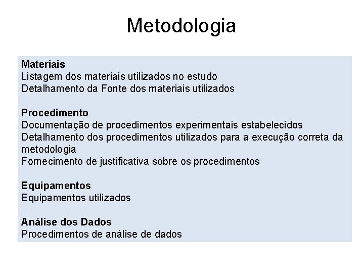 Metodologia Materiais Listagem dos materiais utilizados no estudo Detalhamento da Fonte dos materiais utilizados