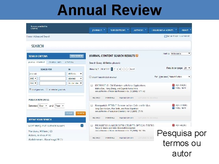 Annual Review Pesquisa por termos ou autor 