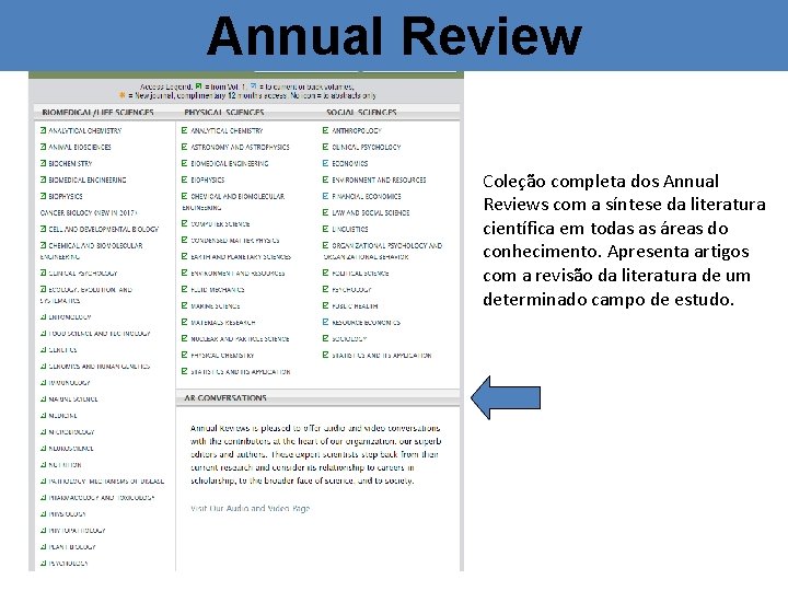Annual Review Coleção completa dos Annual Reviews com a síntese da literatura científica em