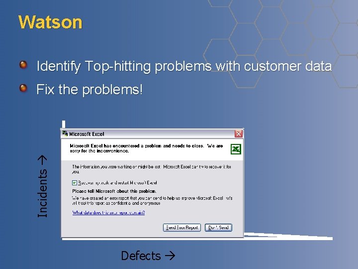 Watson Identify Top-hitting problems with customer data Incidents Fix the problems! Defects Watson Identify Top-hitting problems with customer data Incidents Fix the problems! Defects