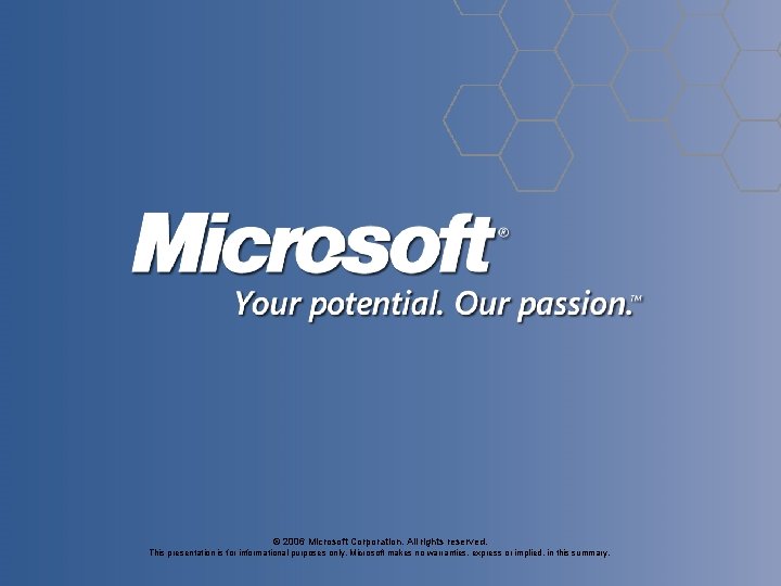 © 2006 Microsoft Corporation. All rights reserved. This presentation is for informational purposes only. © 2006 Microsoft Corporation. All rights reserved. This presentation is for informational purposes only.