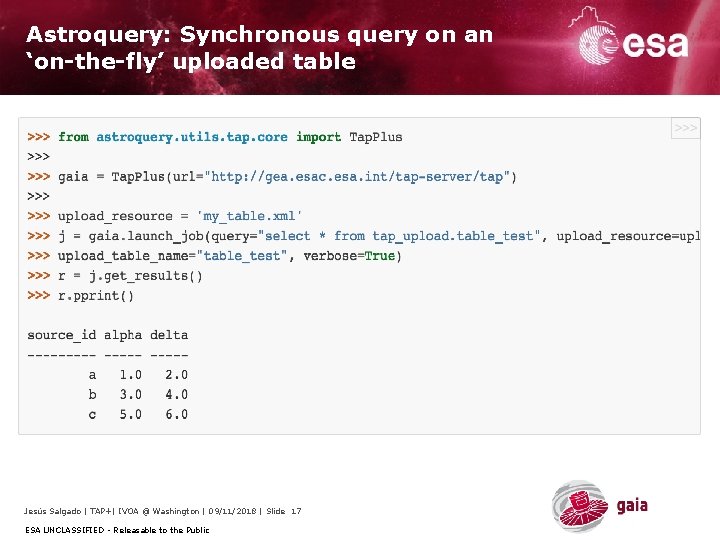 Astroquery: Synchronous query on an ‘on-the-fly’ uploaded table Jesús Salgado | TAP+| IVOA @