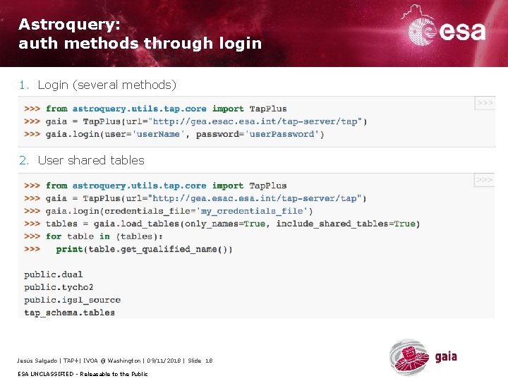 Astroquery: auth methods through login 1. Login (several methods) 2. User shared tables Jesús