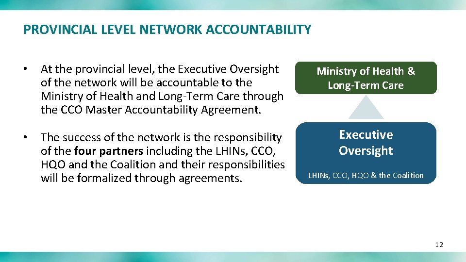 PROVINCIAL LEVEL NETWORK ACCOUNTABILITY • At the provincial level, the Executive Oversight of the
