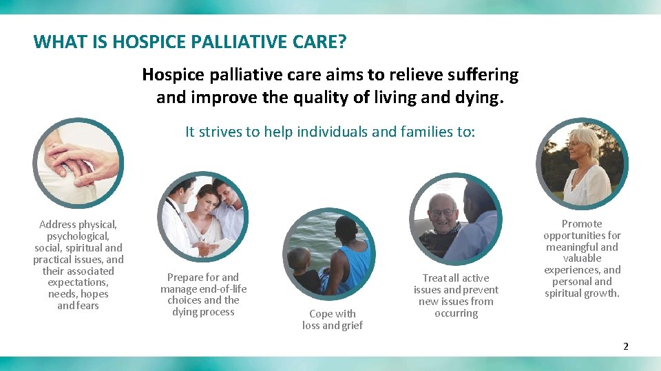 WHAT IS HOSPICE PALLIATIVE CARE? Hospice palliative care aims to relieve suffering and improve