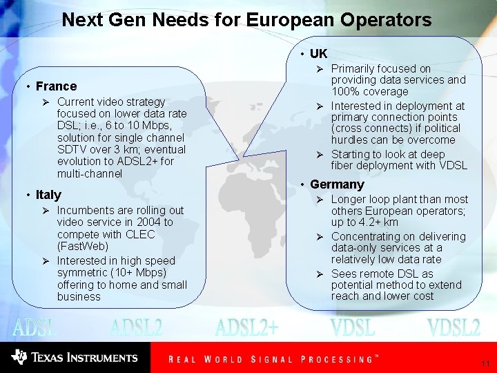 Next Gen Needs for European Operators • UK Ø Primarily focused on • France