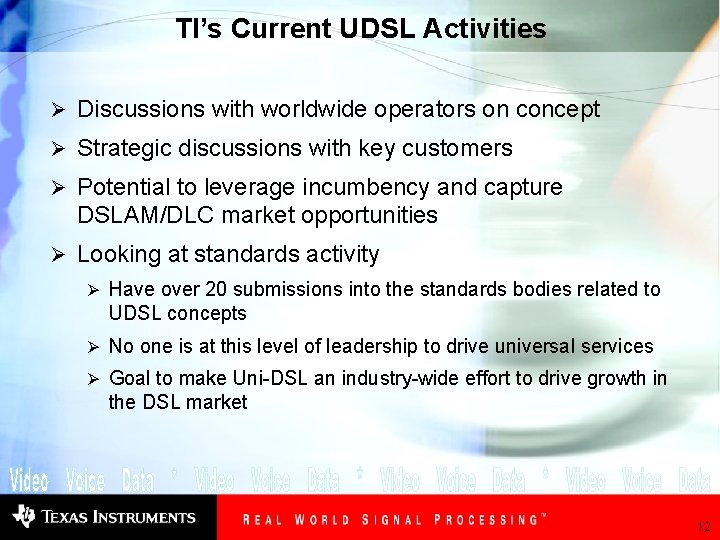 TI’s Current UDSL Activities Ø Discussions with worldwide operators on concept Ø Strategic discussions