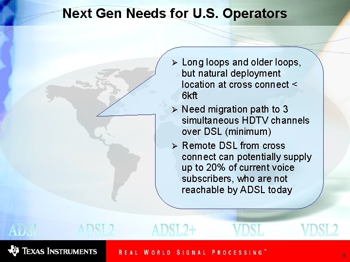 Next Gen Needs for U. S. Operators Ø Long loops and older loops, but
