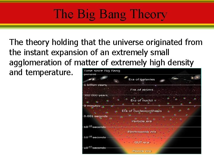 The Big Bang Theory The theory holding that the universe originated from the instant