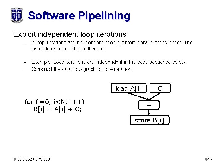 Software Pipelining Exploit independent loop iterations - If loop iterations are independent, then get