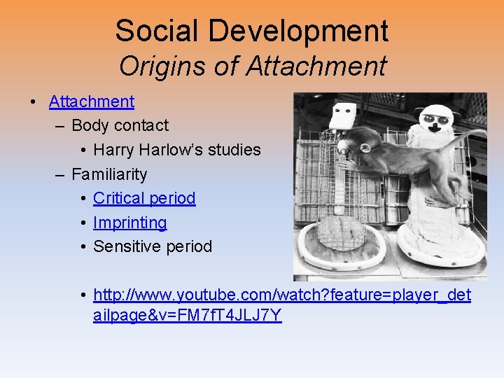 Social Development Origins of Attachment • Attachment – Body contact • Harry Harlow’s studies