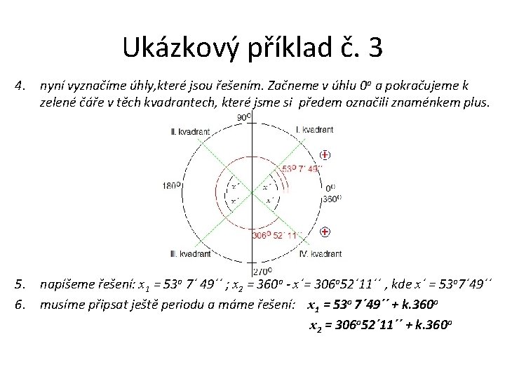 Ukázkový příklad č. 3 4. nyní vyznačíme úhly, které jsou řešením. Začneme v úhlu