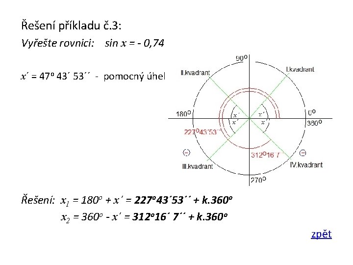 Řešení příkladu č. 3: Vyřešte rovnici: sin x = - 0, 74 x´ =