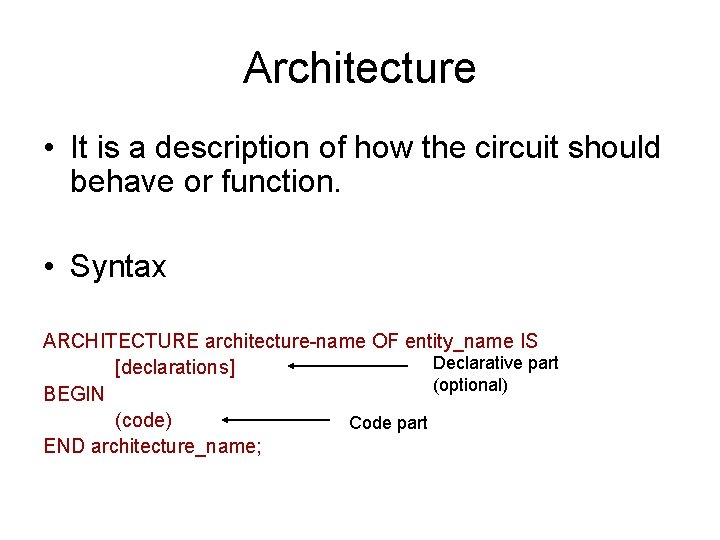 Architecture • It is a description of how the circuit should behave or function.