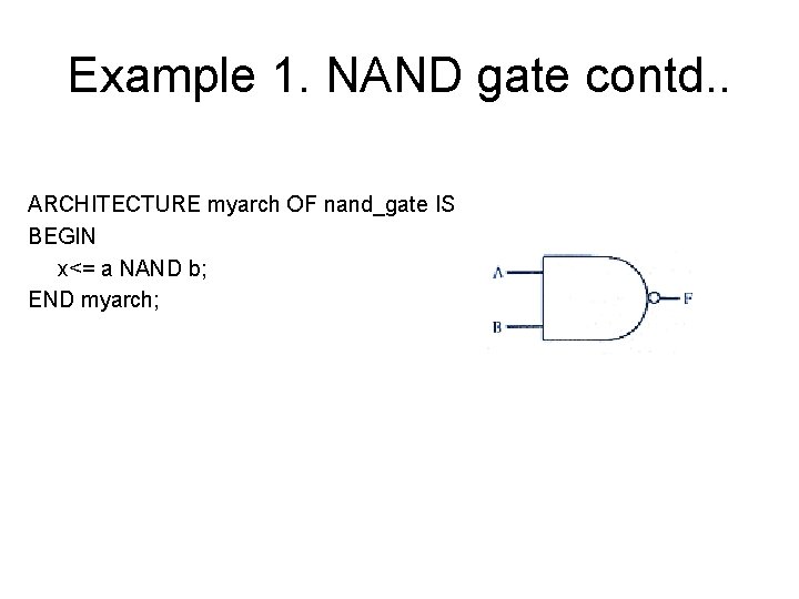 Example 1. NAND gate contd. . ARCHITECTURE myarch OF nand_gate IS BEGIN x<= a